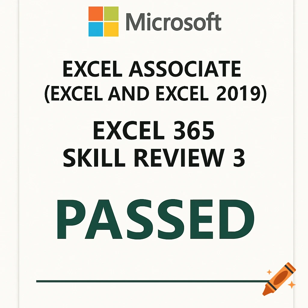 Microsoft Excel test result showing 'PASSED' for Excel Associate 365 Skill Review 3.