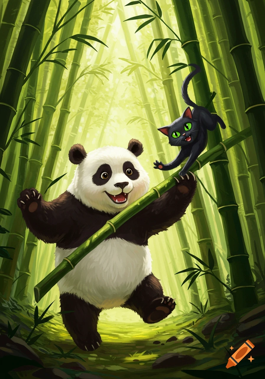 A cute panda and a black cat play on a bamboo stalk in a sunny forest illustration.
