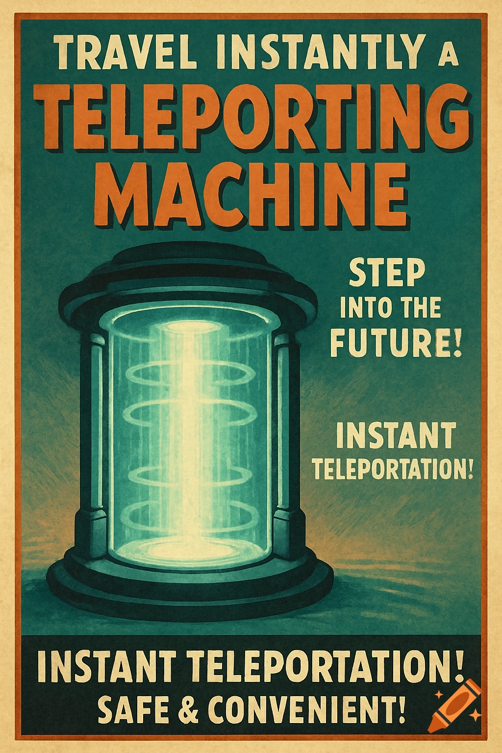 Retro style poster advertising a teleporting machine. on Craiyon