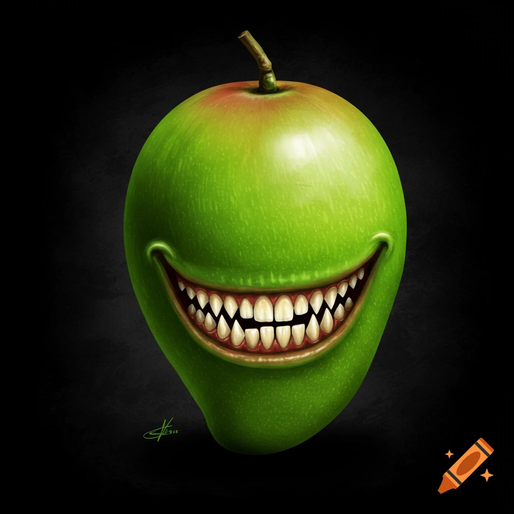 A green mango with a wide, creepy smile full of sharp teeth against a dark background.