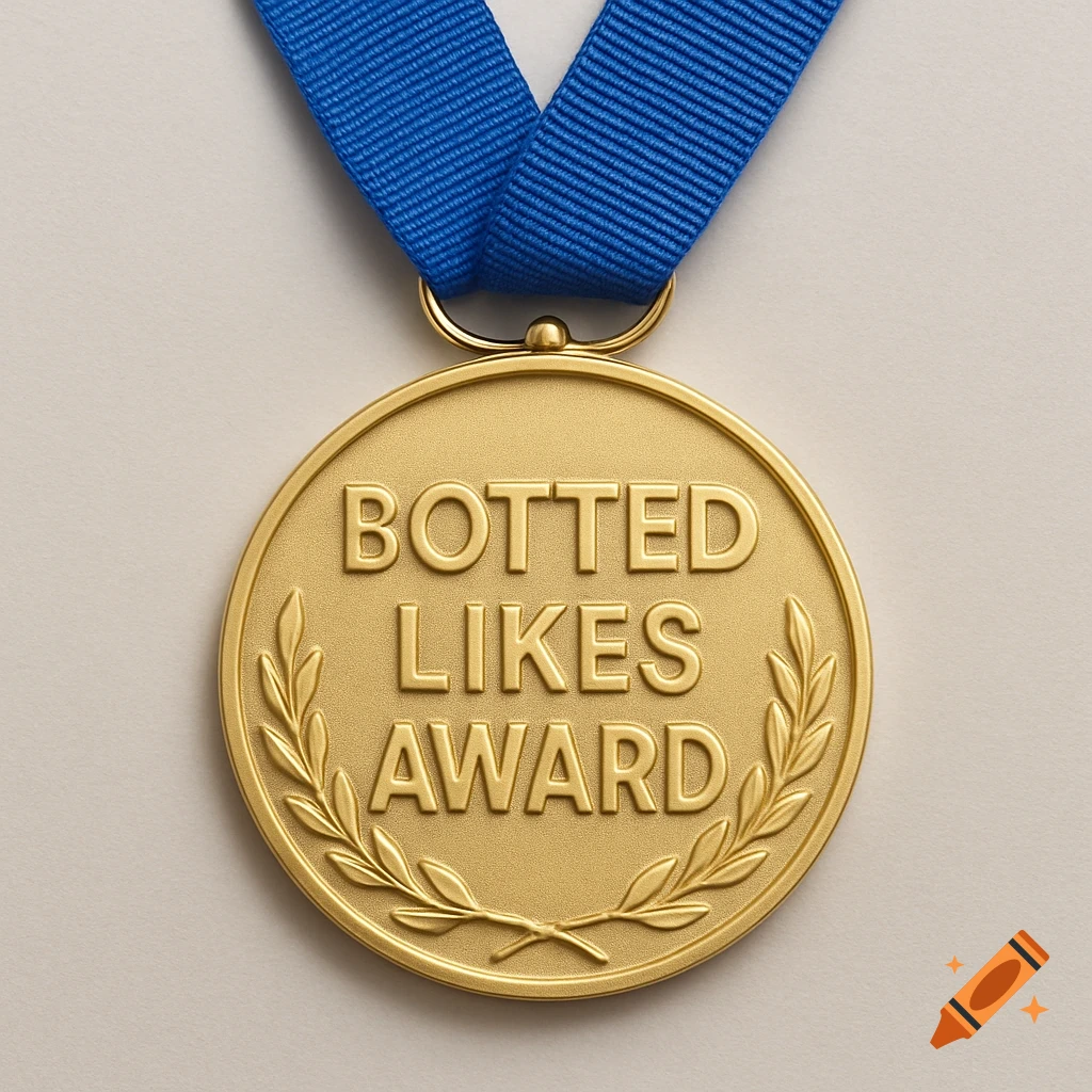 A golden medal with a blue ribbon, inscribed 'BOTTED LIKES AWARD' and featuring a laurel wreath.