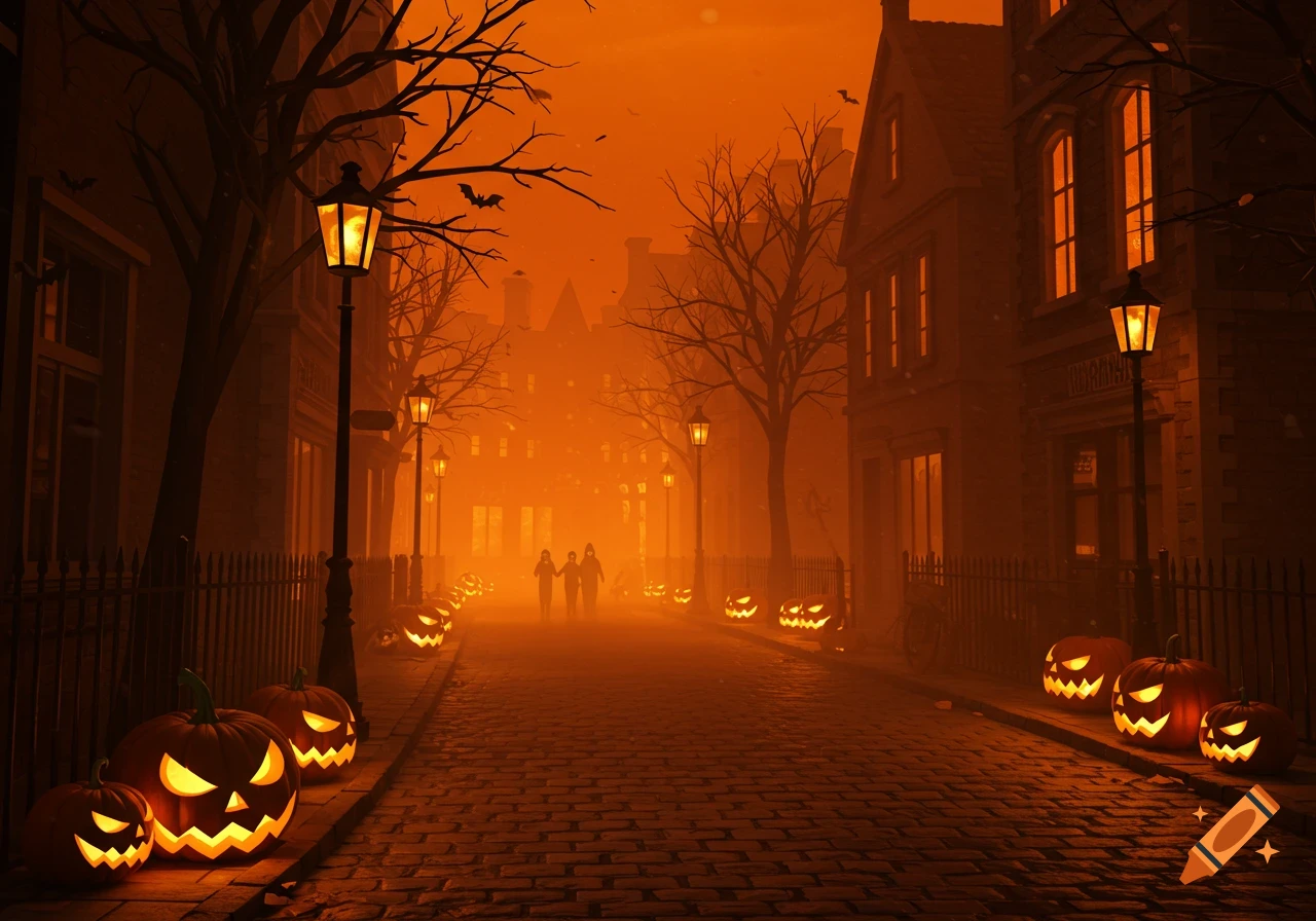 A foggy orange street decorated with glowing jack-o'-lanterns for Halloween. Figures walk in the distance.