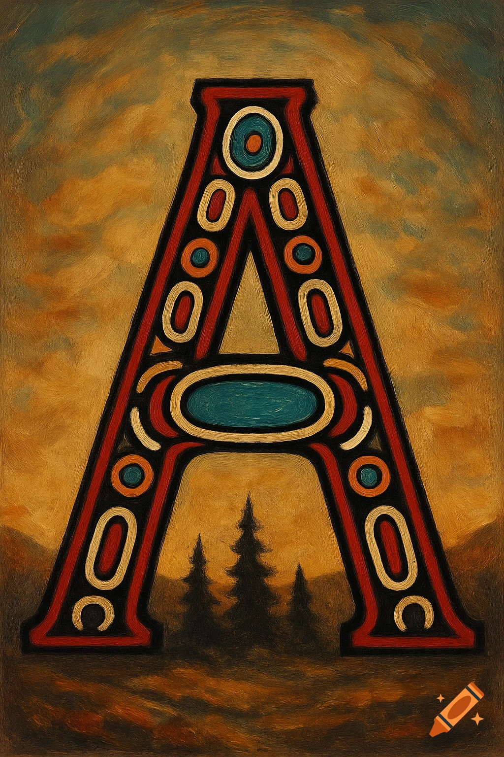 Large ornate letter A in Indigenous art style over a landscape, painted style
