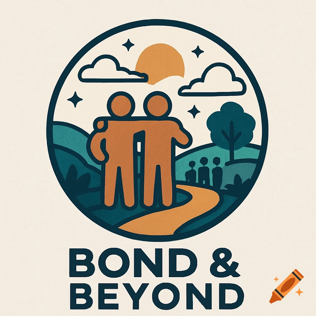 Logo illustration of two figures embracing on a path leading to other figures, landscape with hills, tree, clouds, sun, and text 'BOND & BEYOND'.