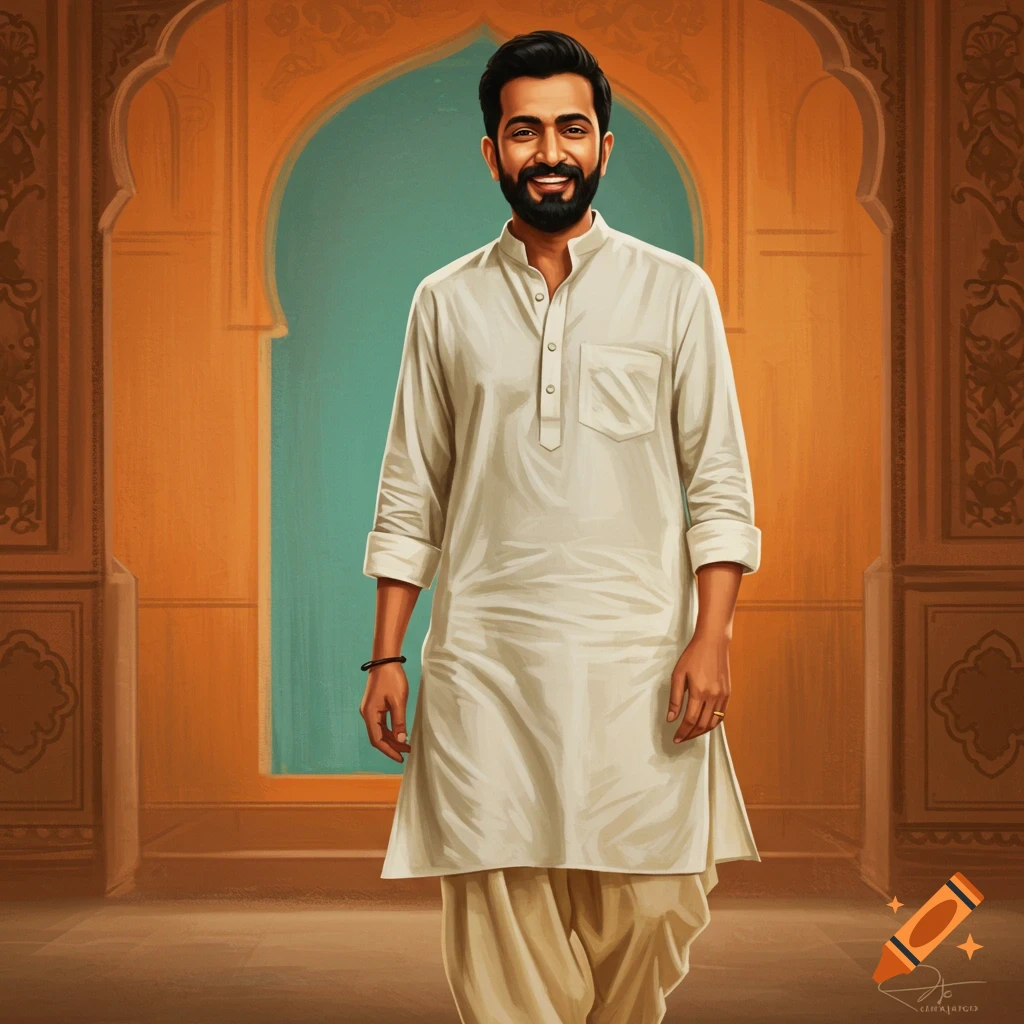 Digital painting of a man in traditional Indian attire standing in an archway.