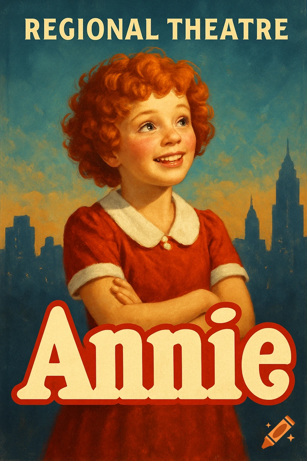 A retro-style poster for a regional theatre production of Annie, featuring a girl in a red dress against a cityscape.