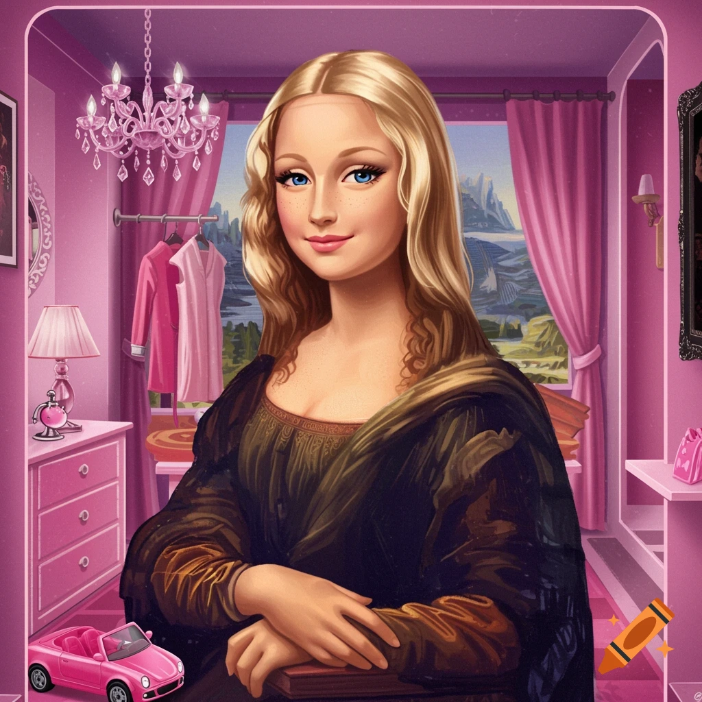 A woman in a pink room styled like Barbie's Dreamhouse, posing like the Mona Lisa.