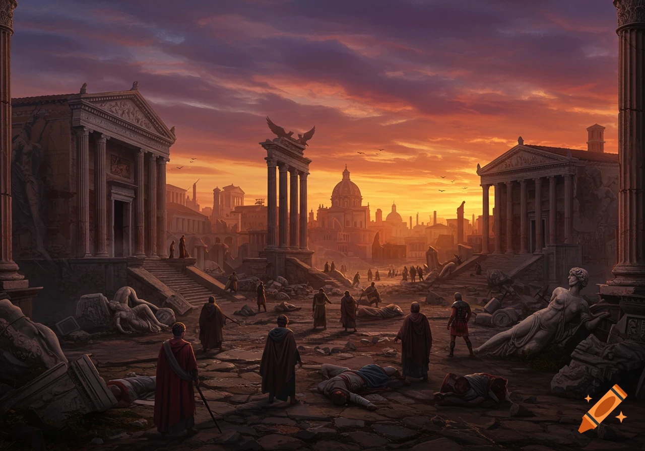 Ancient Roman city ruins at sunset with figures among fallen pillars and statues.