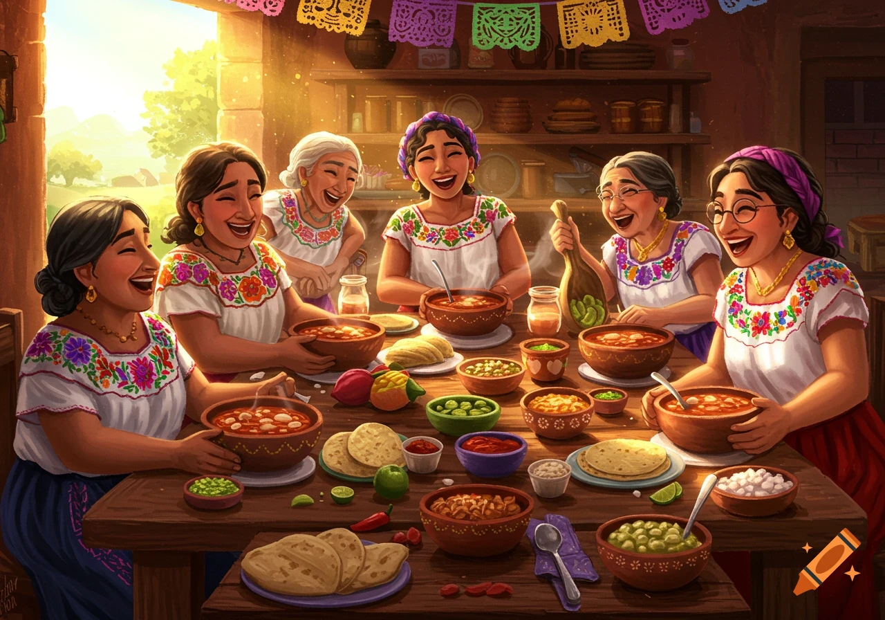 Group of Mexican women of different generations laughing and eating pozole at a festive table decorated with papel picado.