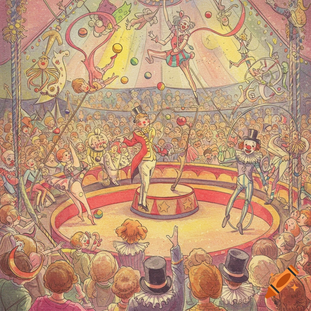 A detailed watercolor illustration of a busy circus scene with acrobats, clowns, and a large audience.