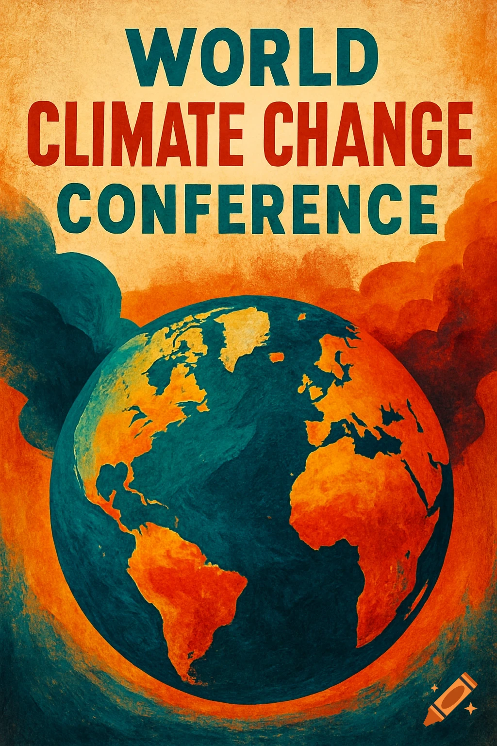 A stylized poster with the text "WORLD CLIMATE CHANGE CONFERENCE" above a textured depiction of the Earth surrounded by orange and blue clouds.