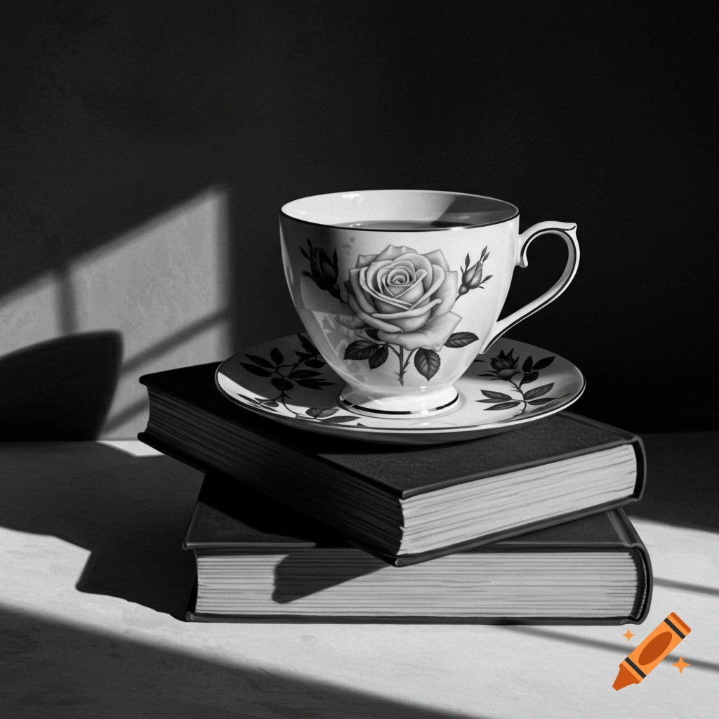 Black and white still life of a teacup with a rose design on a saucer, stacked on two books, with side lighting casting shadows.
