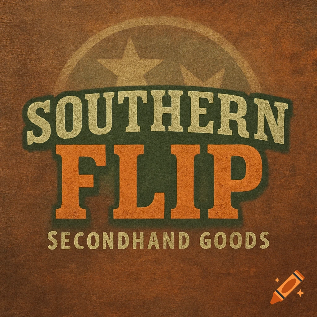 Rustic logo with text 'Southern Flip Secondhand Goods' and a faded tri-star.