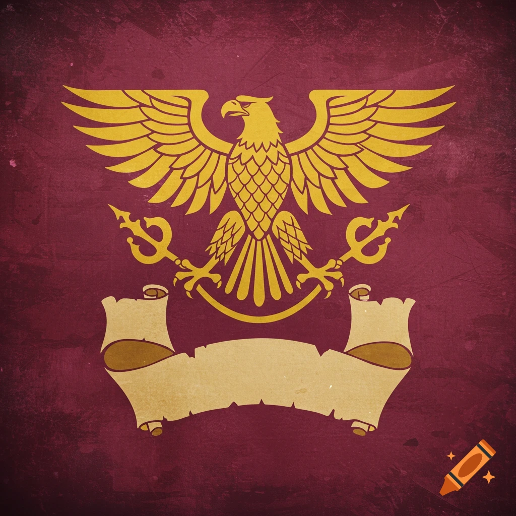An emblem featuring a golden eagle with spread wings holding symbols, above a blank scroll banner, against a textured red background.
