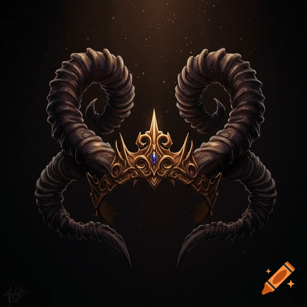 A golden crown with large, dark curled horns against a dark background.
