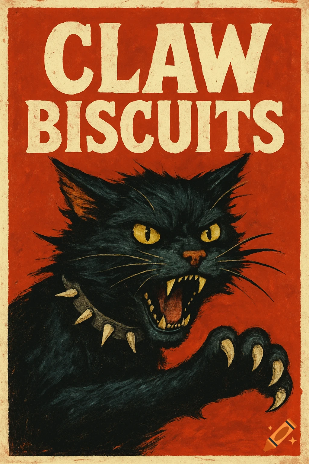 Vintage style poster of a snarling black cat with spiked collar and claws, text reads 'CLAW BISCUITS'.