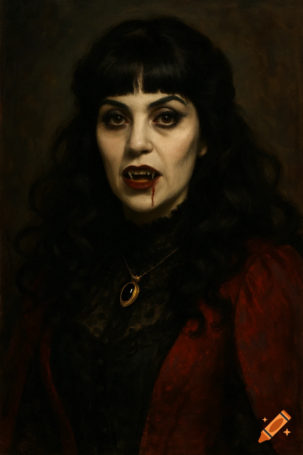 Dark painted portrait of a vampire woman with fangs and blood.