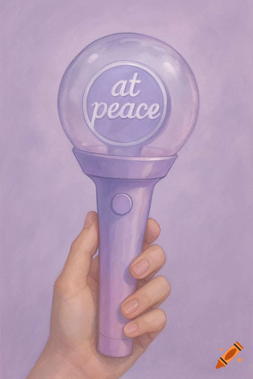 Hand holds a purple light stick with "at peace" logo, illustration.