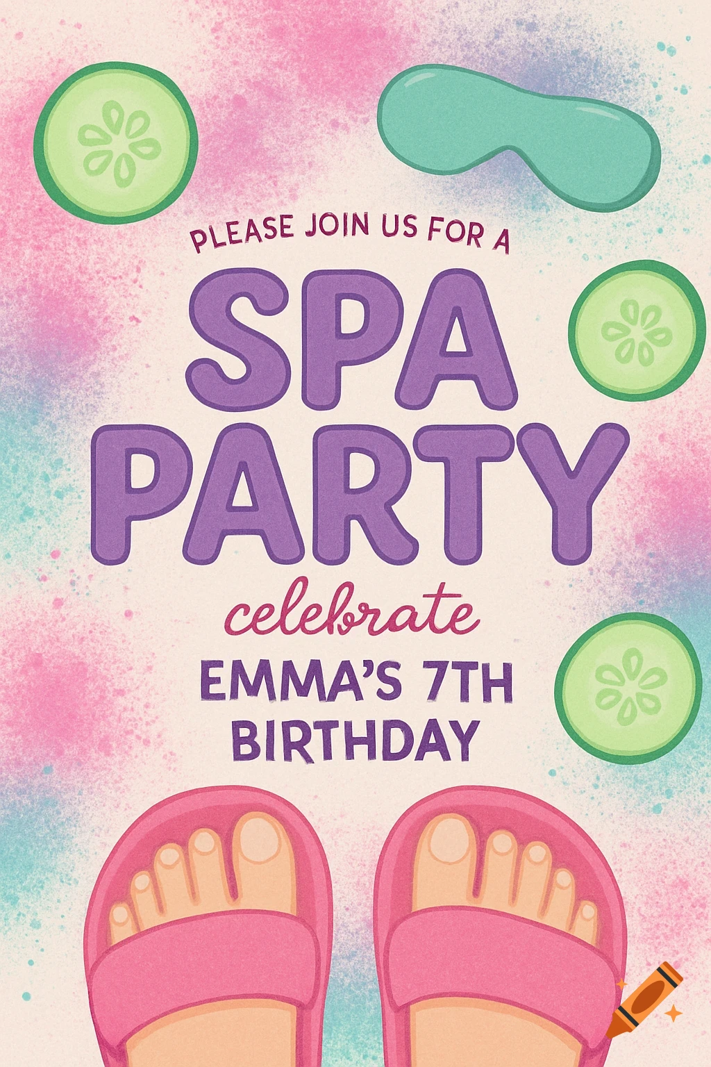 Illustration of a spa party birthday invitation with cucumbers, eye mask, feet in pink slippers, and text.