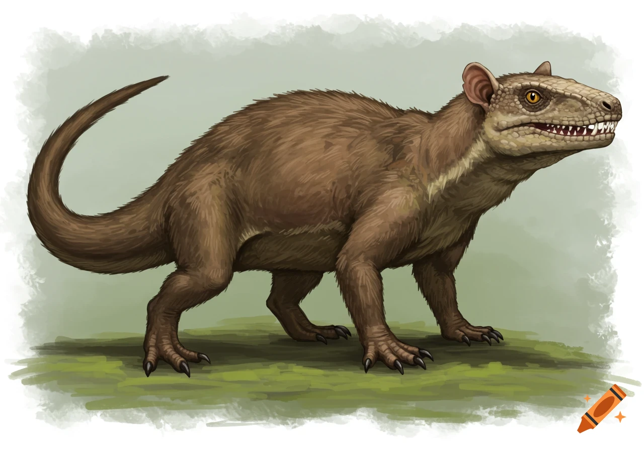 Digital painting of a brown mammal-reptile hybrid creature standing on grass.