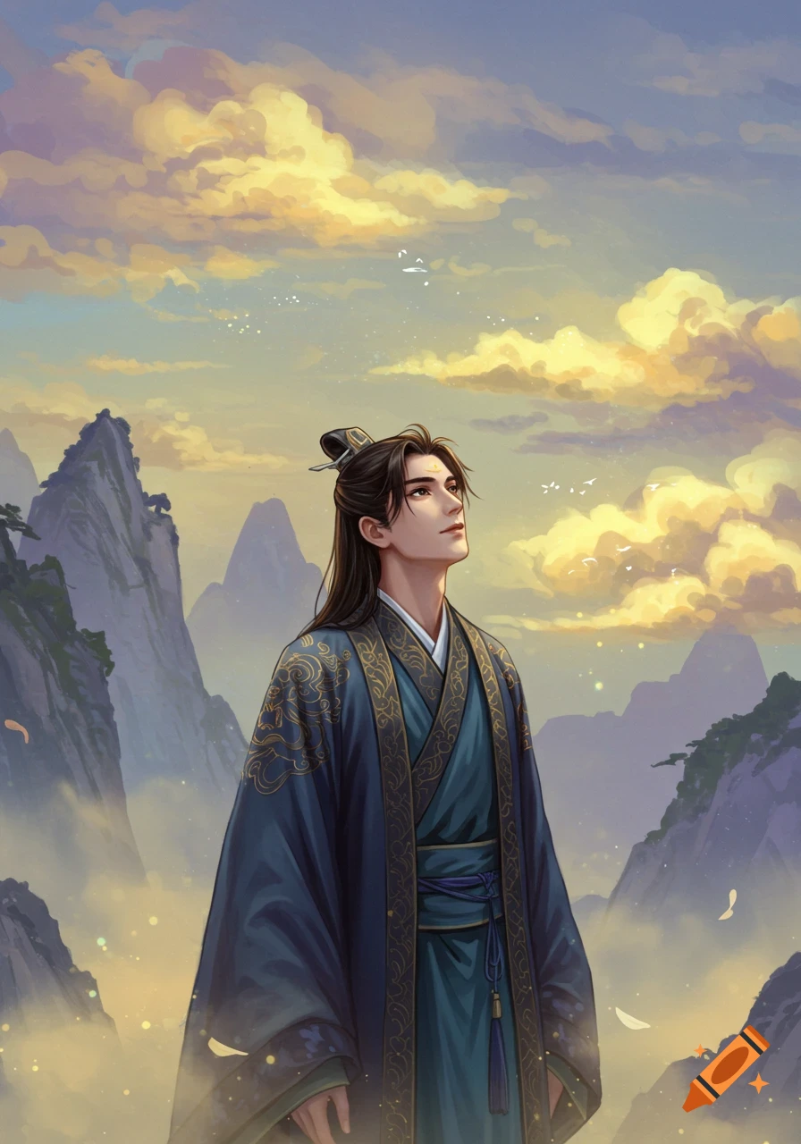An illustration of a man in traditional Chinese robes looking up at a dramatic sky over misty mountains.