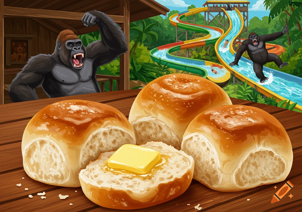 Illustration of rolls on a table with gorillas at a water park.