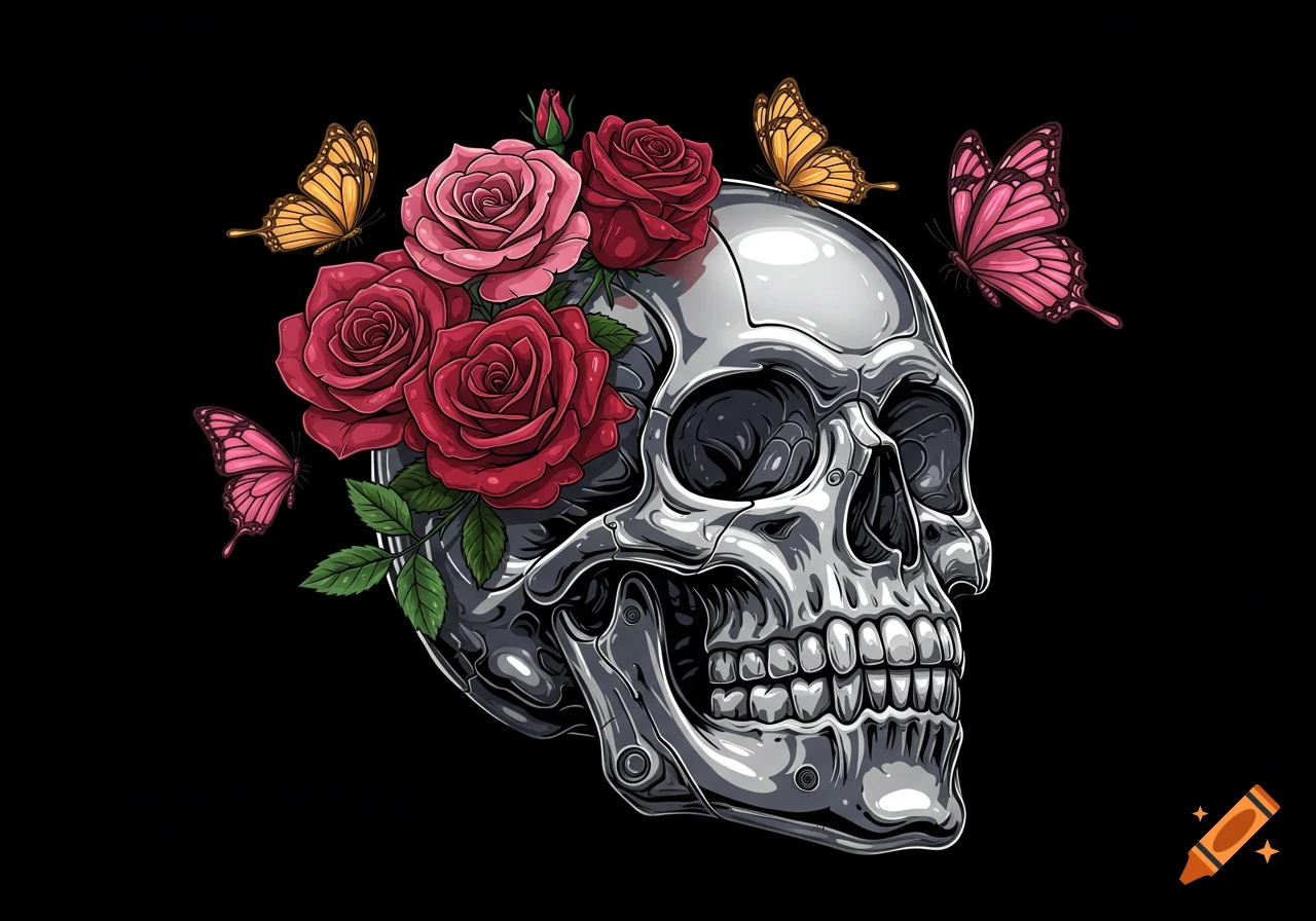 Chrome skull adorned with red and pink roses and yellow and pink butterflies on a black background.