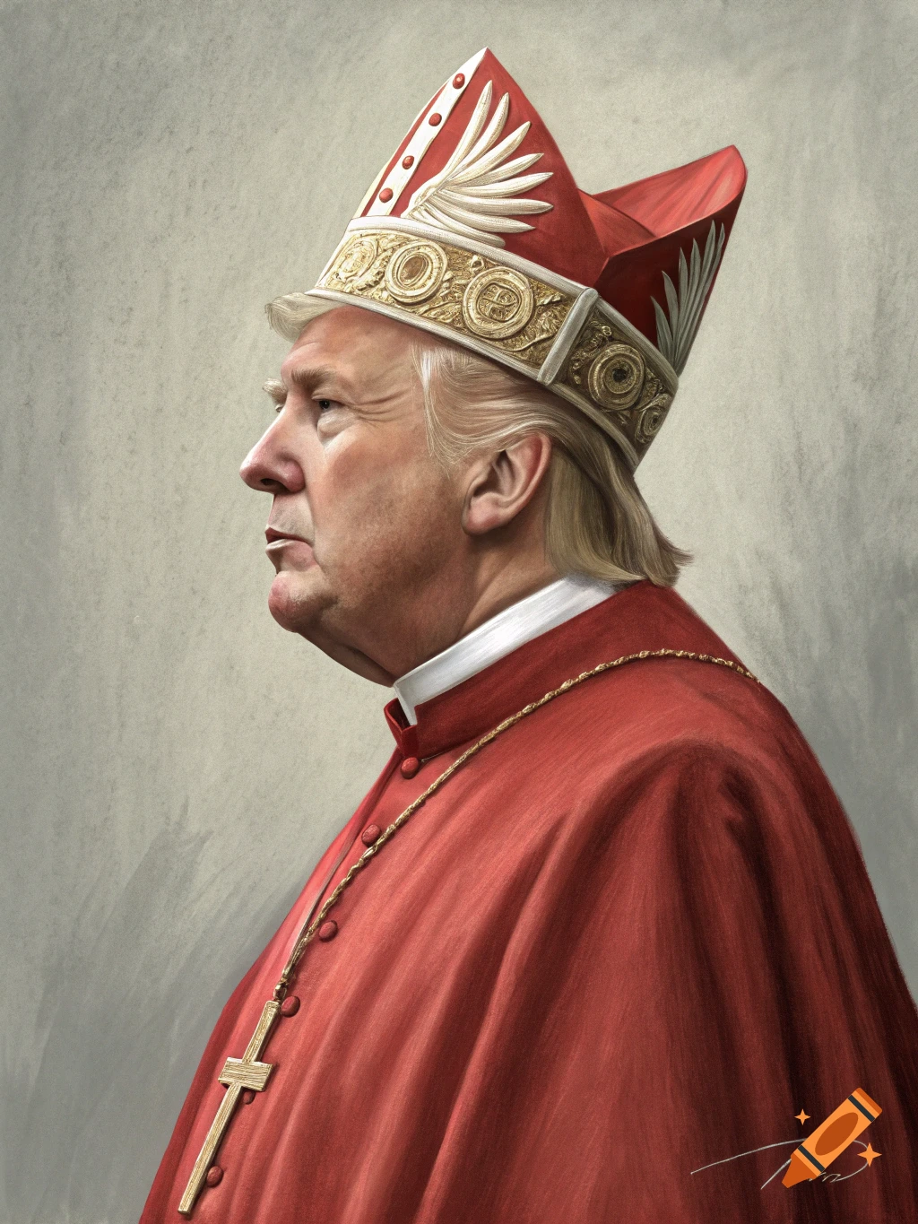 Digital painting portrait of Donald Trump wearing a red Pope mitre and cassock with a cross necklace.