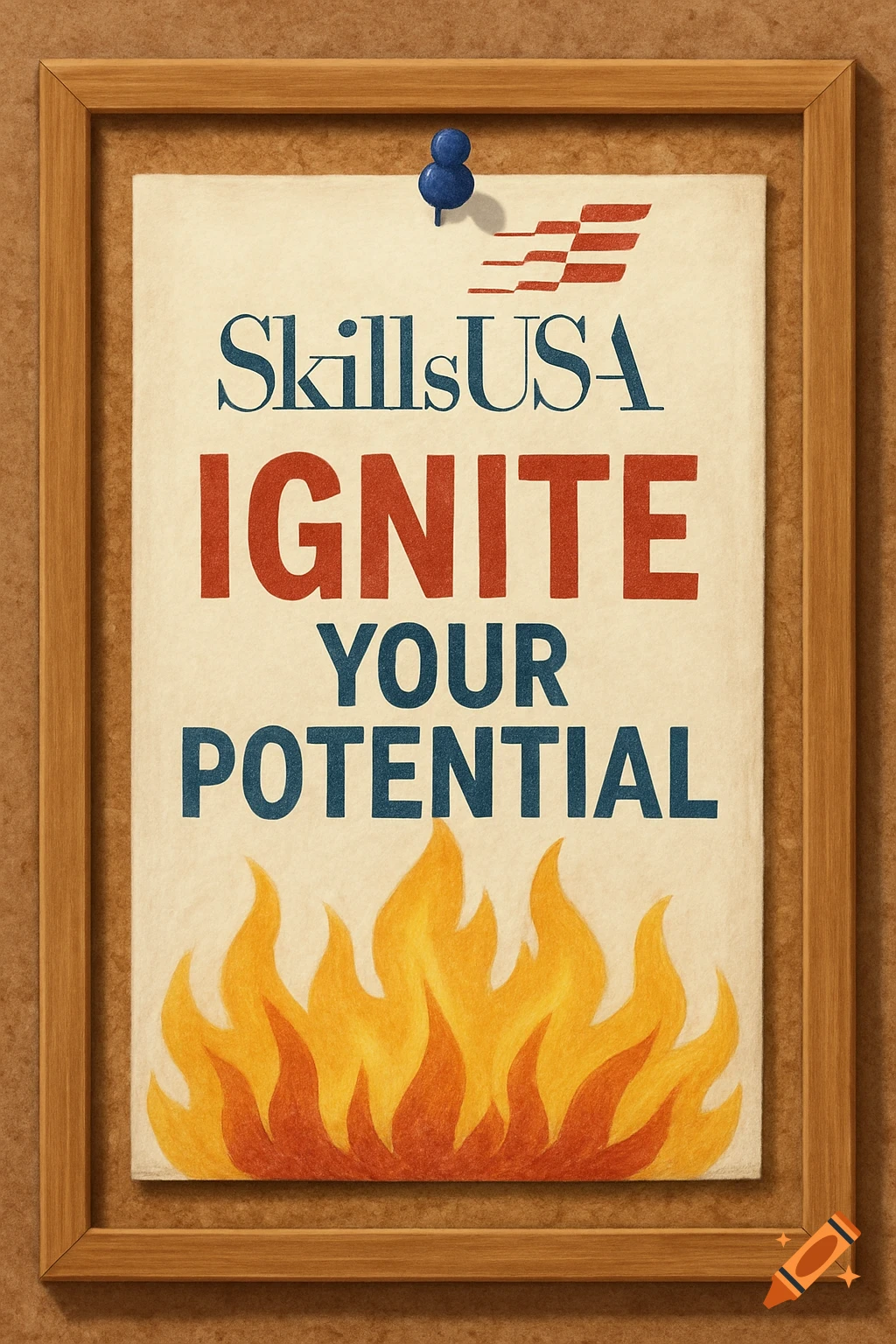 A poster on a bulletin board with text 'SkillsUSA IGNITE YOUR POTENTIAL' and flames.