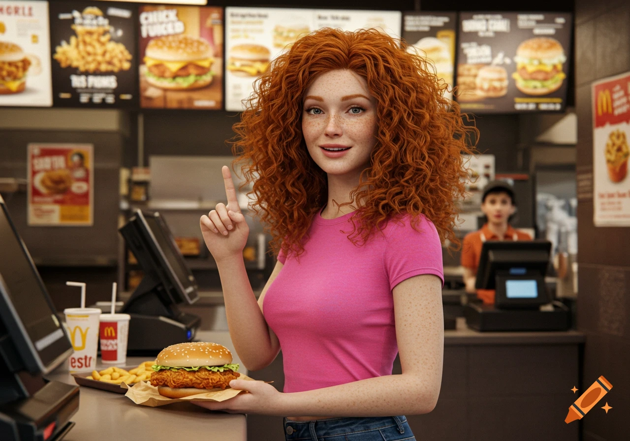 A woman with curly red hair holds a chicken sandwich and points up in a fast food restaurant.