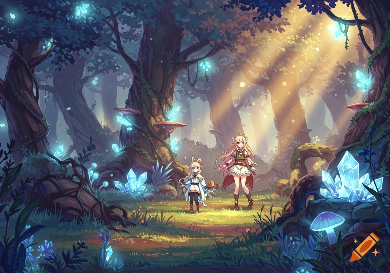 Two anime girls stand in a mystical forest with glowing crystals and ...