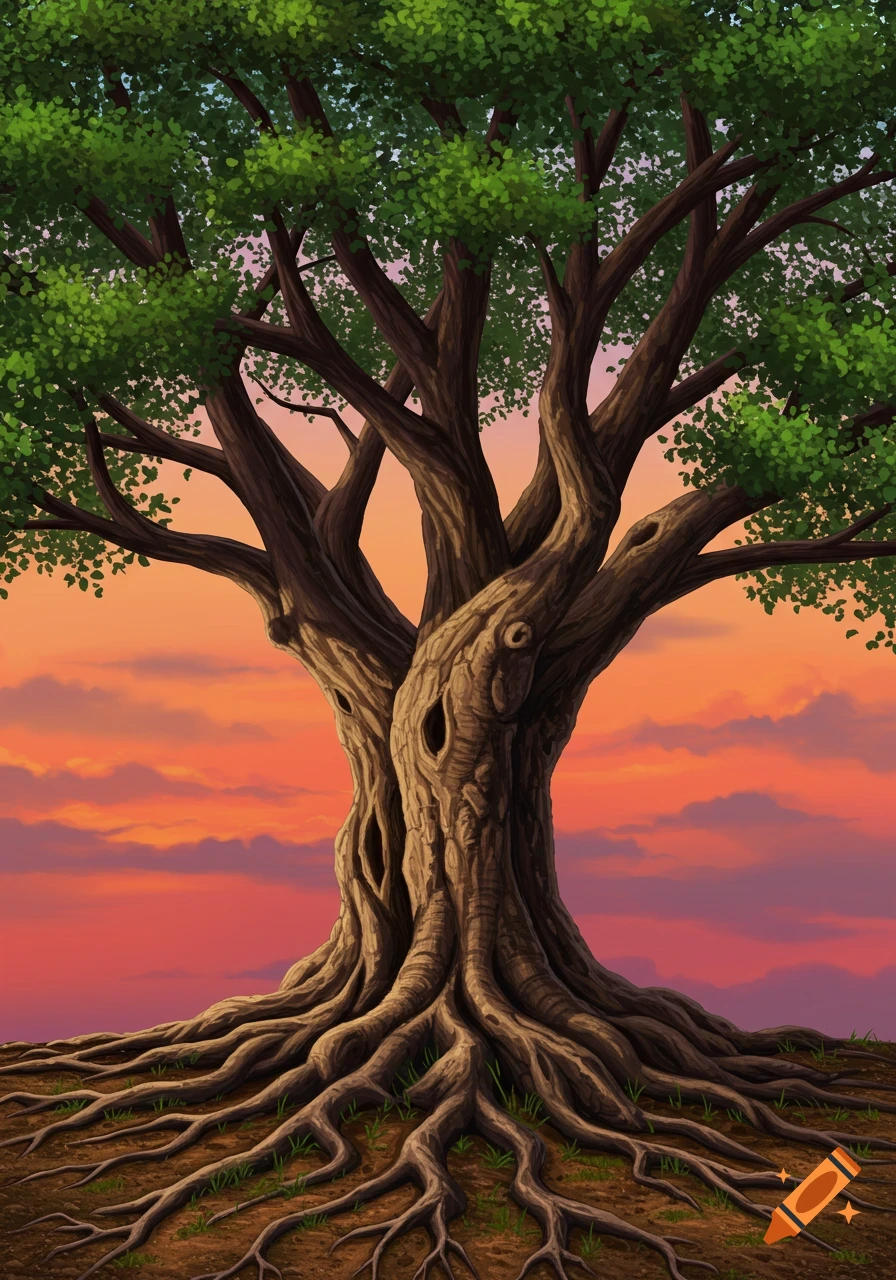 Large old tree with prominent roots against a vibrant sunset sky, illustration