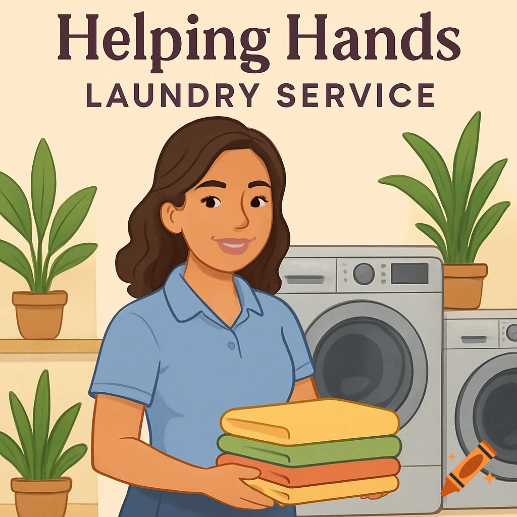 Cartoon woman holds laundry in laundry room with text Helping Hands Laundry Service.