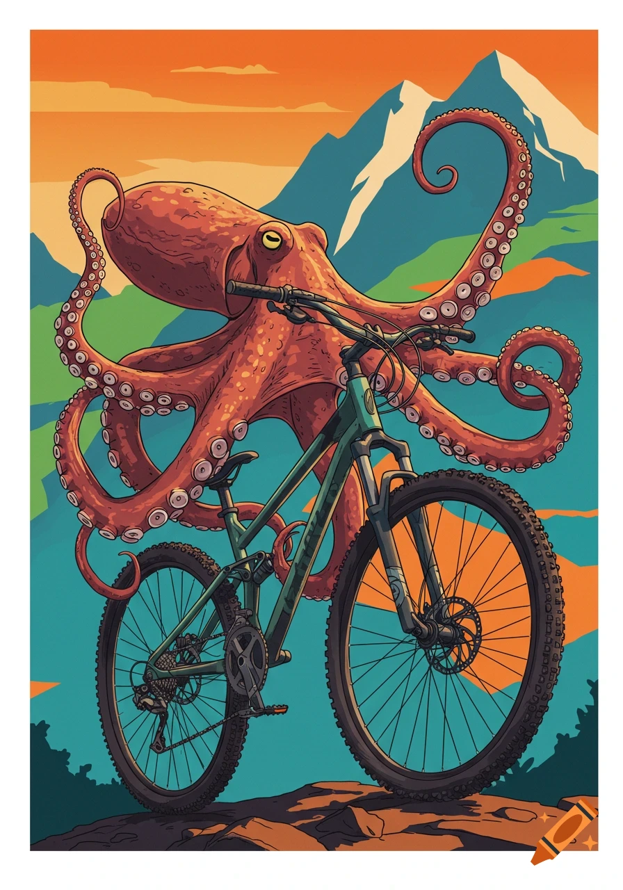Stylized illustration of a giant octopus holding a mountain bike in a rocky mountain landscape with an orange sky.