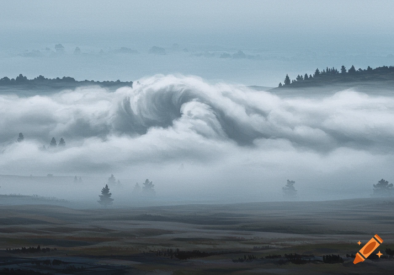 A misty landscape with a large swirling cloud formation over hills and trees.