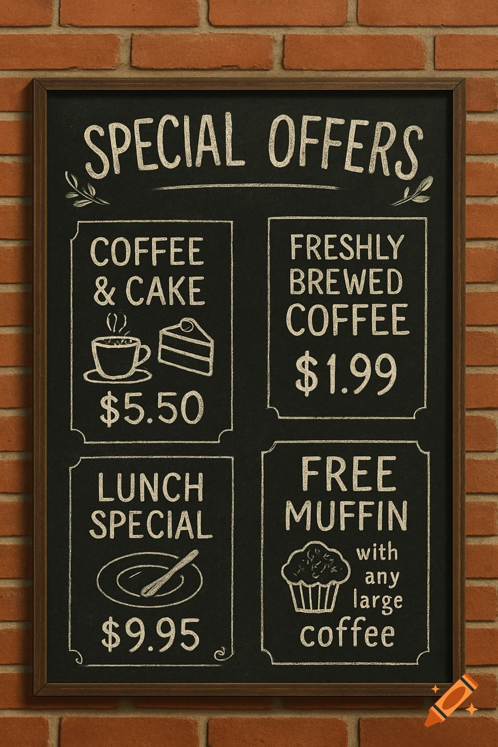 Chalkboard menu listing coffee, cake, lunch, and muffin specials on a brick wall.