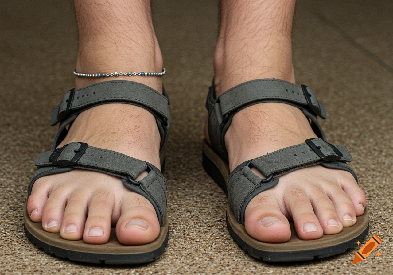 A close-up view of a person's feet wearing grey sandals, with a silver anklet on the left ankle.