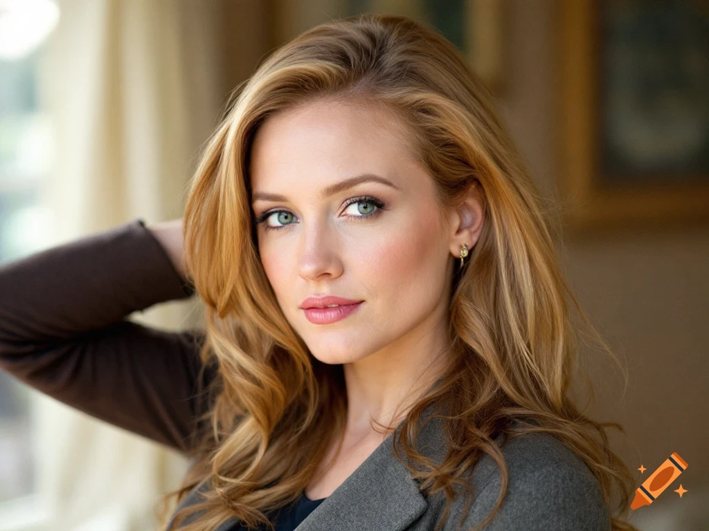 A portrait of a woman with long blonde hair and blue eyes, wearing a ...