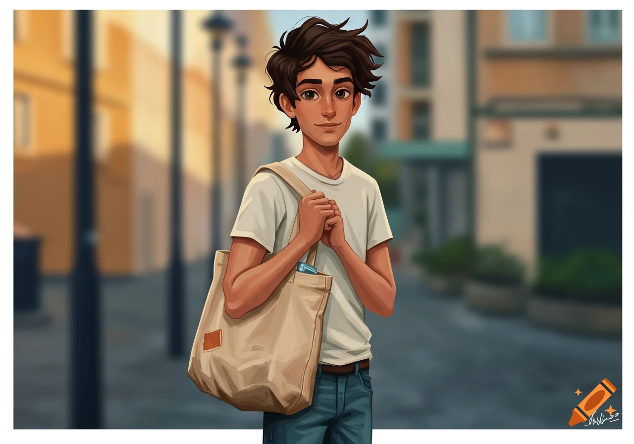 Digital illustration of a young man with messy hair holding a canvas tote bag while standing on a blurred street.