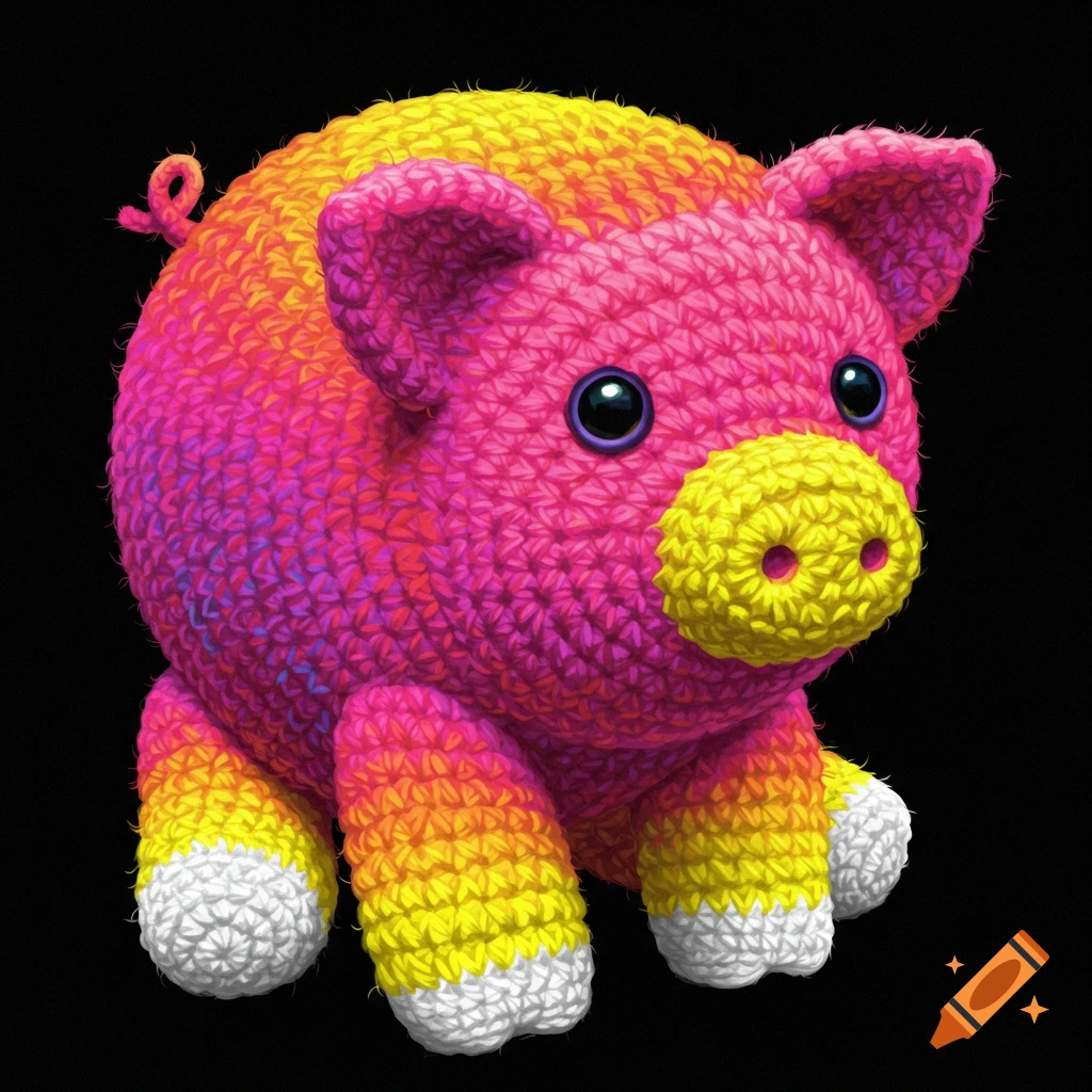 A crochet pig in neon rainbow colors with white hooves and snout.
