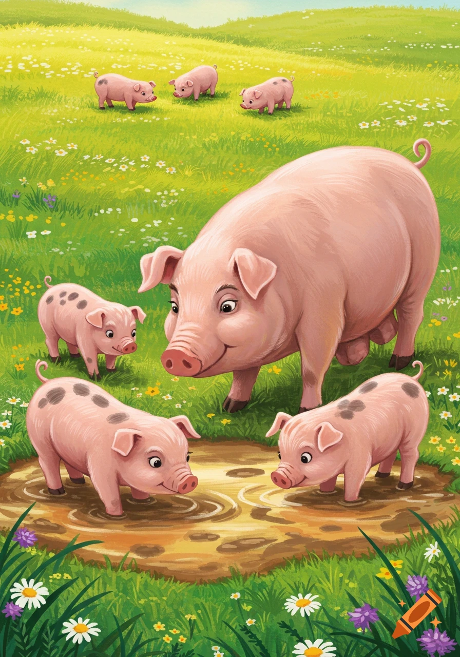 Illustration of a mother pig and piglets in a grassy field with a mud puddle.
