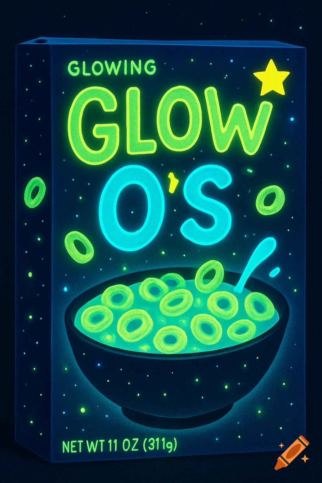 A glowing cereal box and bowl of cereal in the dark with text 'Glow O's'.