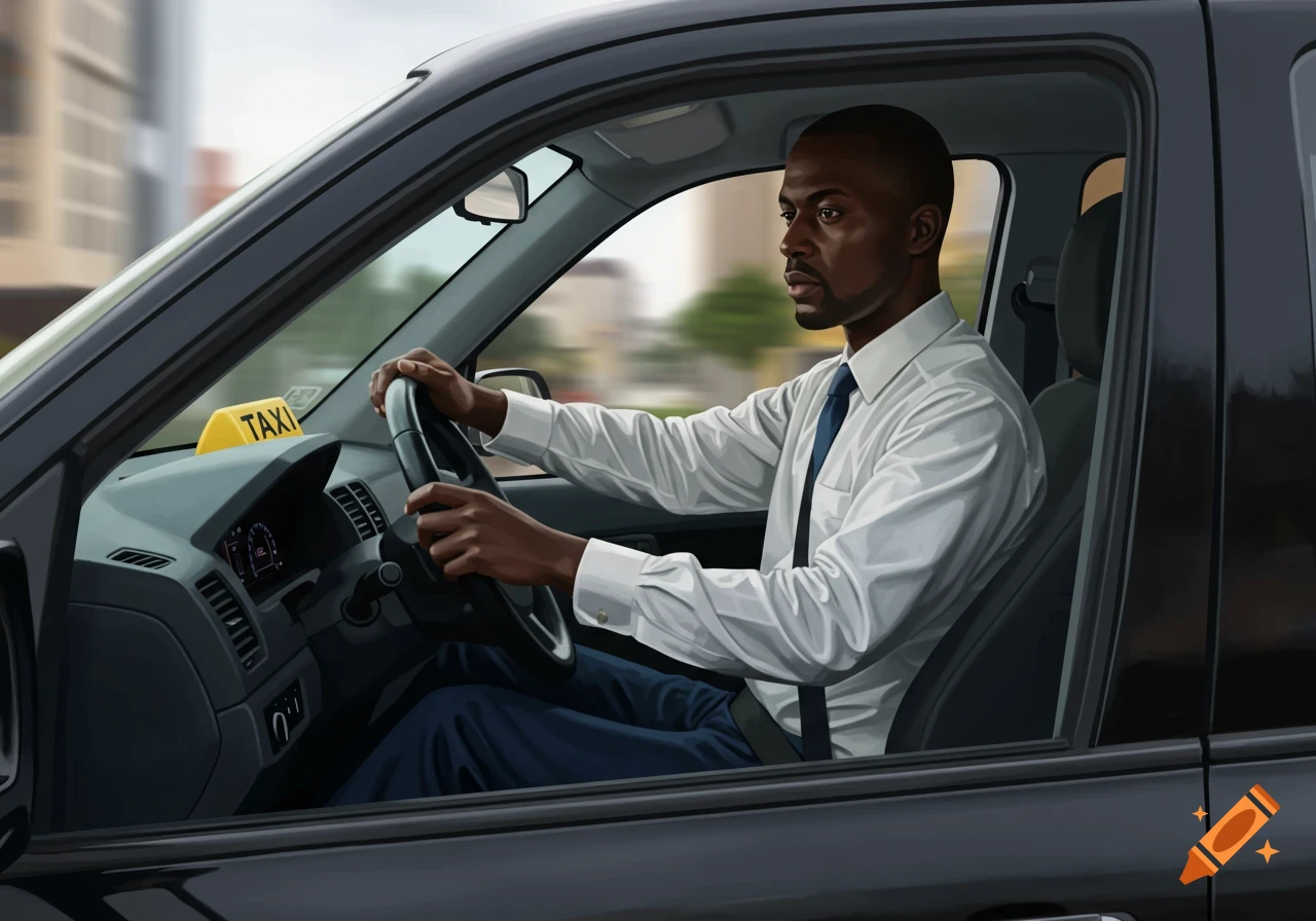 Illustration of a Black man in a white shirt and blue tie driving a car, seen from the passenger side.