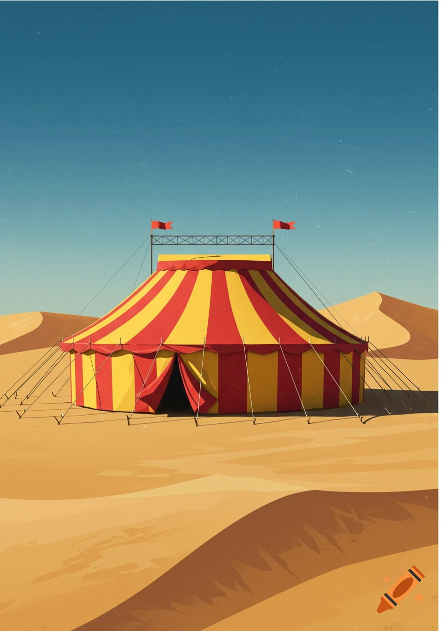 Red and yellow striped circus tent in a desert landscape.