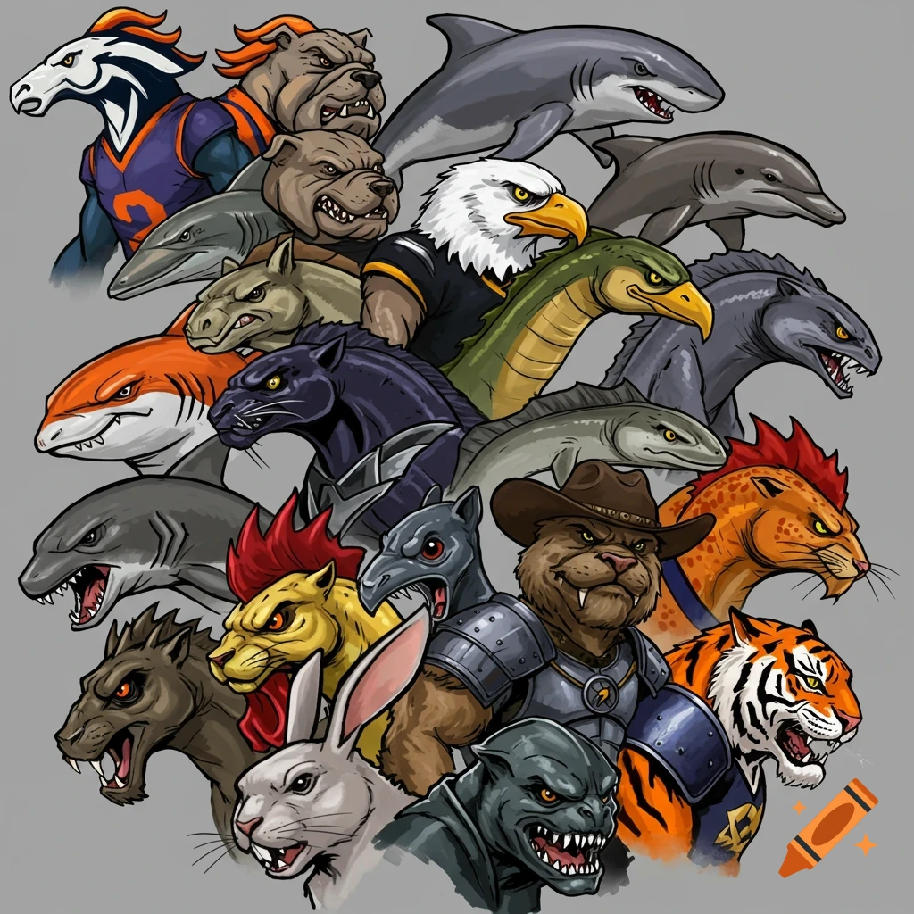 Stylized illustration of many different animal mascots grouped together, some wearing sports uniforms.