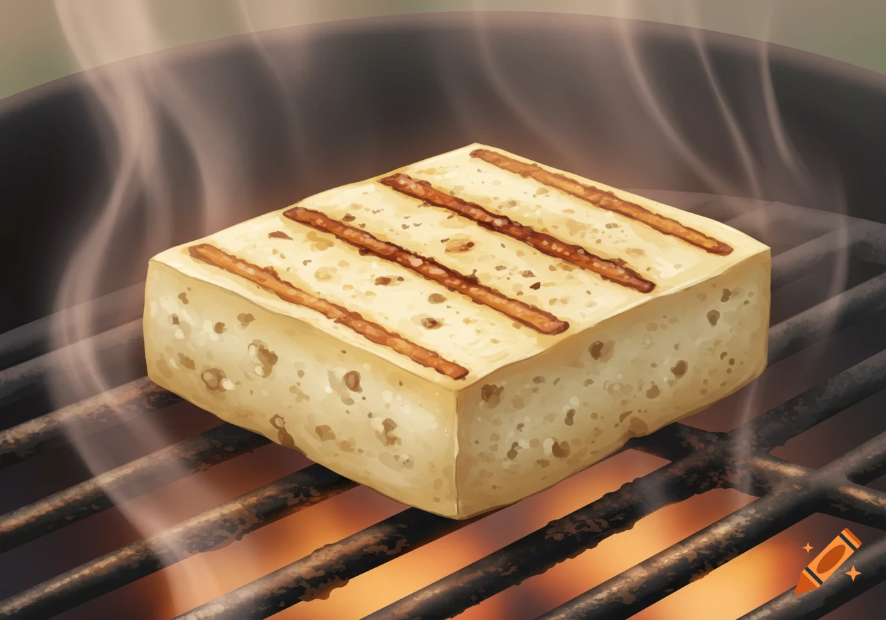 An illustrative image of a block of tofu grilling on a BBQ grate with smoke.