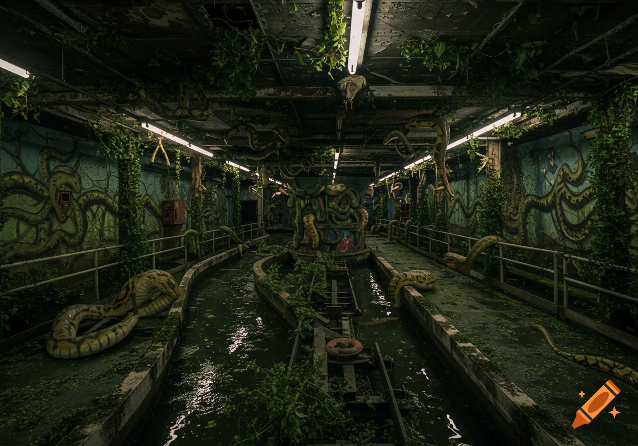 Abandoned amusement park dark ride filled with water, overgrown plants, and giant snake decorations.