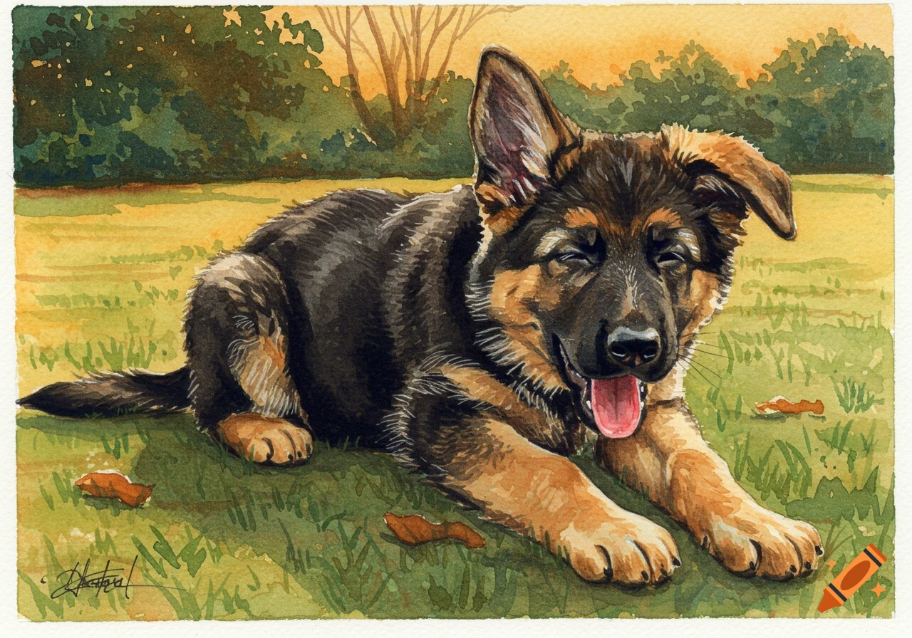 Watercolor painting of a happy German Shepherd puppy lying on grass at sunset, panting.