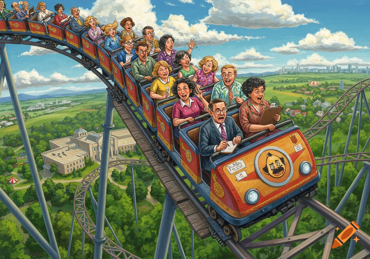 Illustration of people riding a rollercoaster.