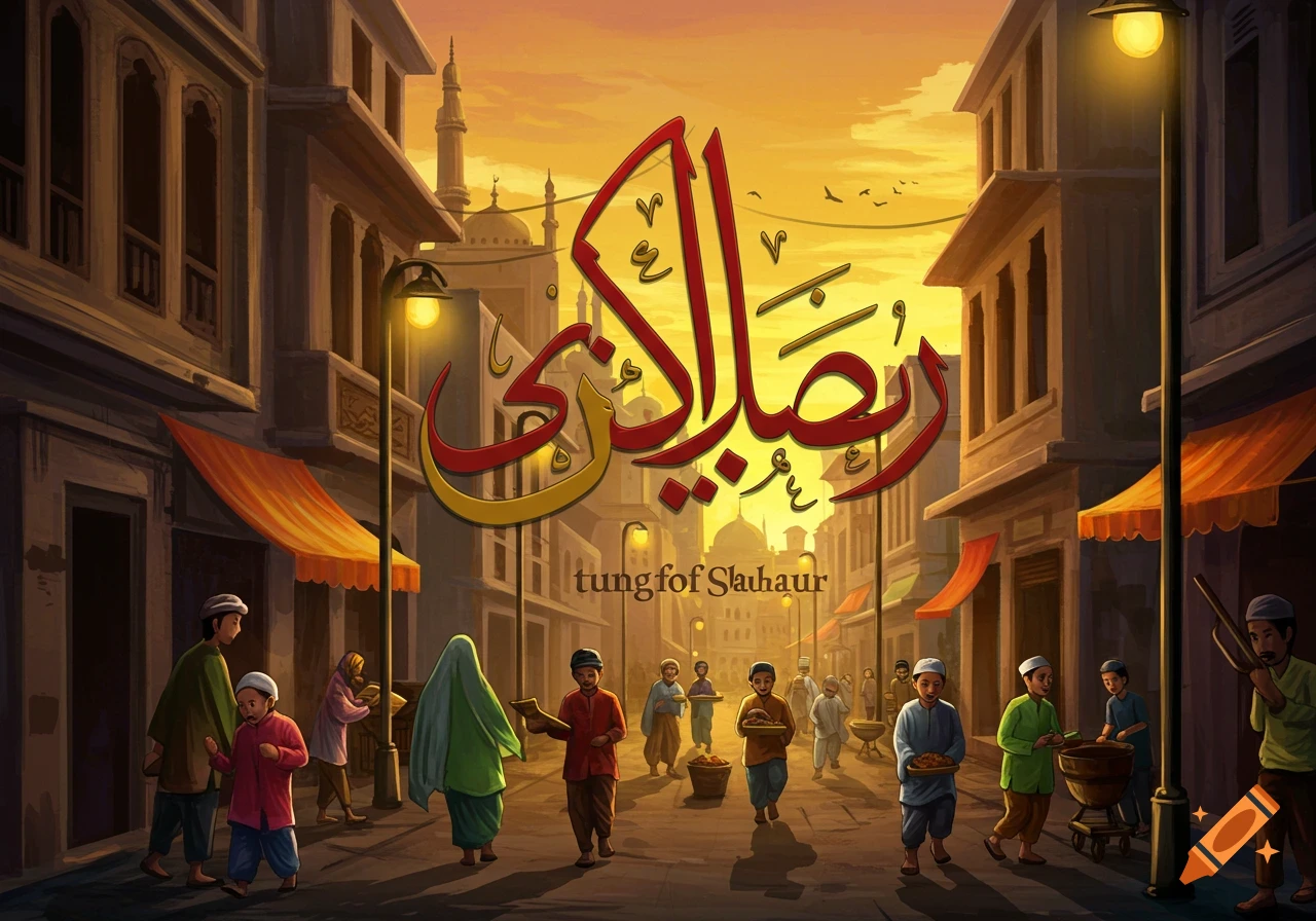 Illustration of people walking in a street at dawn during Ramadan, with large Arabic calligraphy.